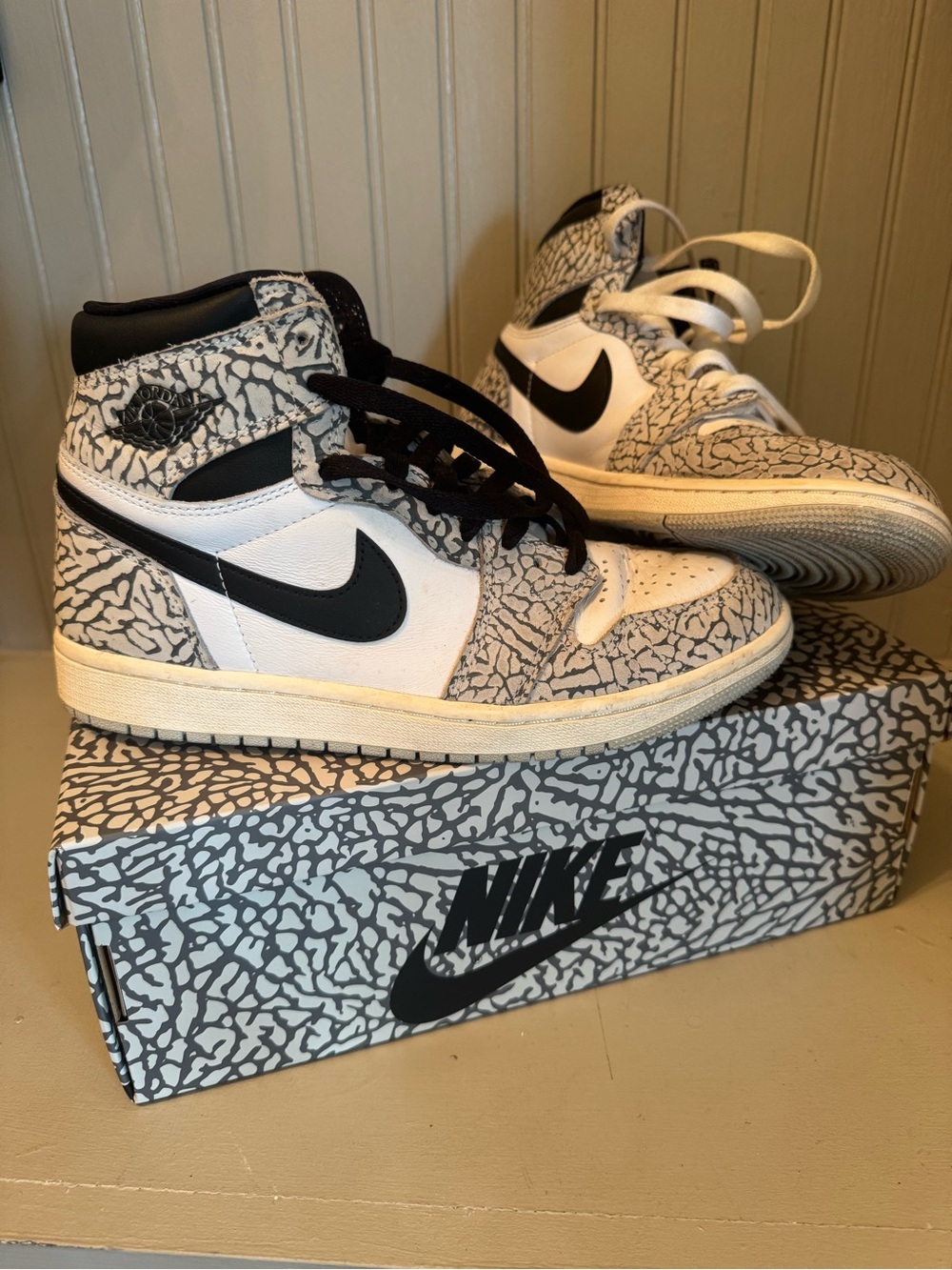 Nike Air Jordan 1 High Top Sneakers - White, Black & Elephant Print